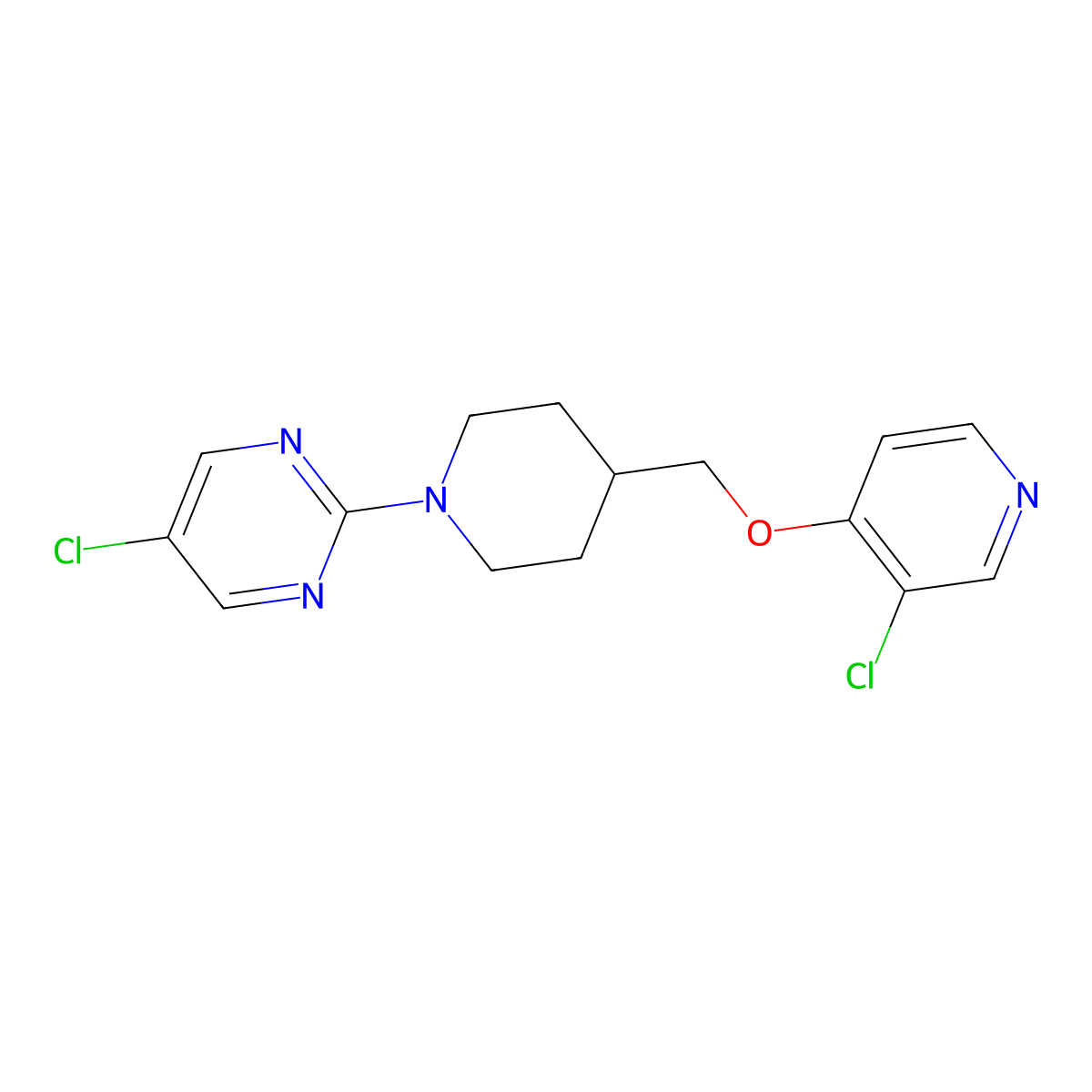 5-Chloro-2-(4-{[(3-chloropyridin-4-yl)oxy]methyl}piperidin-1-yl)pyrimidine molecular structure, CAS 2549014-55-1