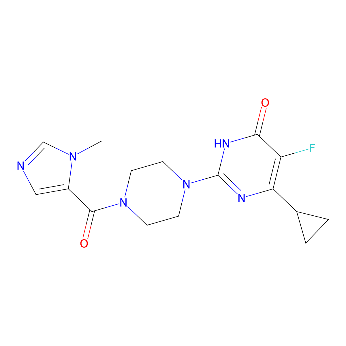 6-cyclopropyl-5-fluoro-2-[4-(1-methyl-1H-imidazole-5-carbonyl)piperazin-1-yl]-3,4-dihydropyrimidin-4-one molecular structure, CAS 2549014-56-2