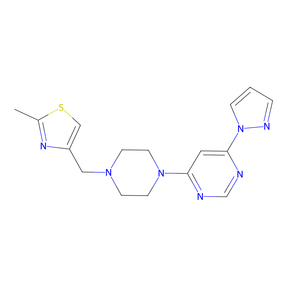 4-{4-[(2-methyl-1,3-thiazol-4-yl)methyl]piperazin-1-yl}-6-(1H-pyrazol-1-yl)pyrimidine molecular structure, CAS 2549014-58-4