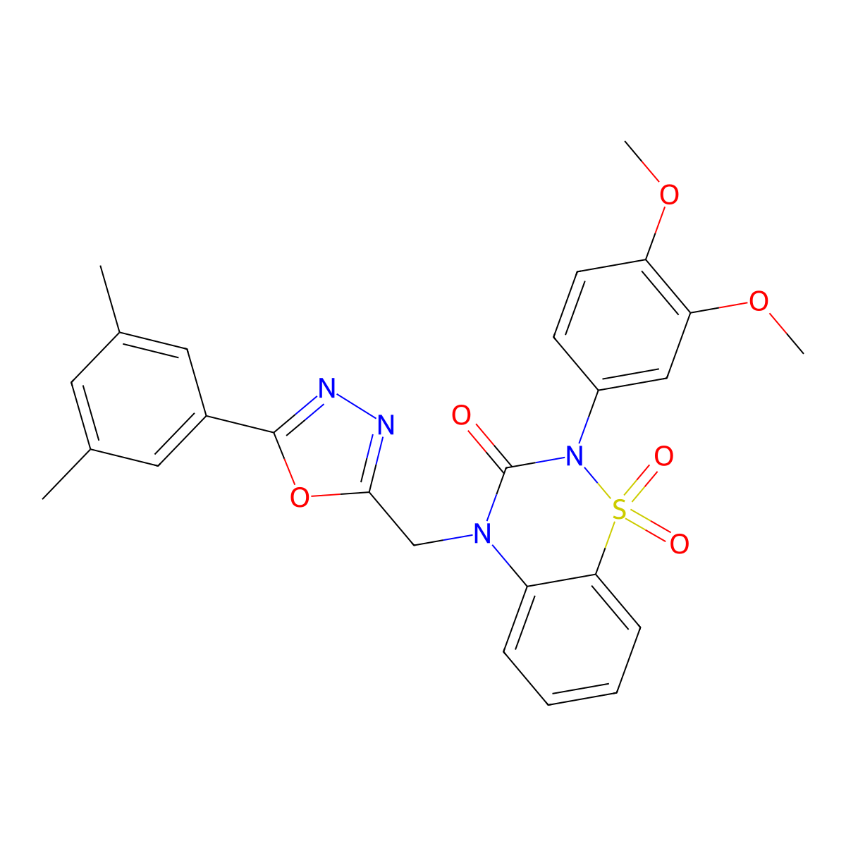 2-(3,4-dimethoxyphenyl)-4-{[5-(3,5-dimethylphenyl)-1,3,4-oxadiazol-2-yl]methyl}-3,4-dihydro-2H-1lambda6,2,4-benzothiadiazine-1,1,3-trione molecular structure, CAS 2549014-62-0