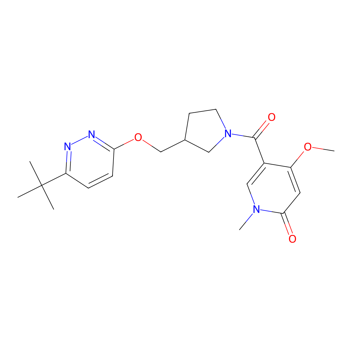 5-(3-{[(6-Tert-butylpyridazin-3-yl)oxy]methyl}pyrrolidine-1-carbonyl)-4-methoxy-1-methyl-1,2-dihydropyridin-2-one molecular structure, CAS 2549014-67-5