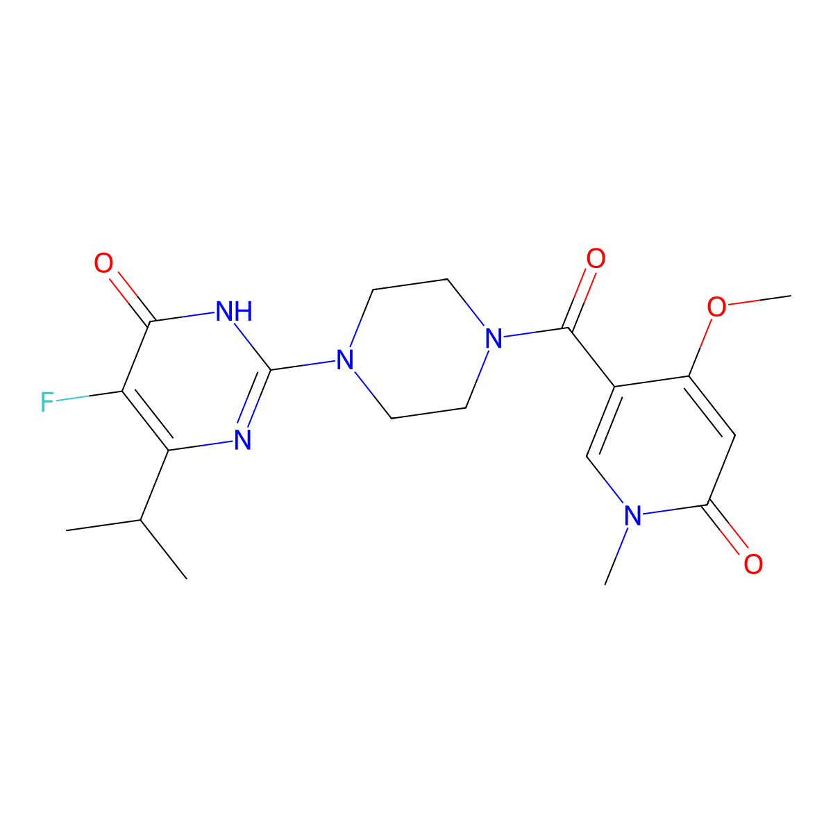5-Fluoro-2-[4-(4-methoxy-1-methyl-6-oxo-1,6-dihydropyridine-3-carbonyl)piperazin-1-yl]-6-(propan-2-yl)-3,4-dihydropyrimidin-4-one molecular structure, CAS 2549014-90-4