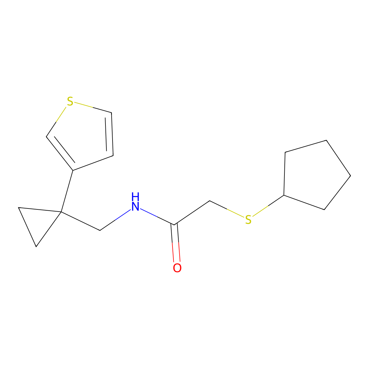 2-(cyclopentylsulfanyl)-N-{[1-(thiophen-3-yl)cyclopropyl]methyl}acetamide molecular structure, CAS 2549015-02-1