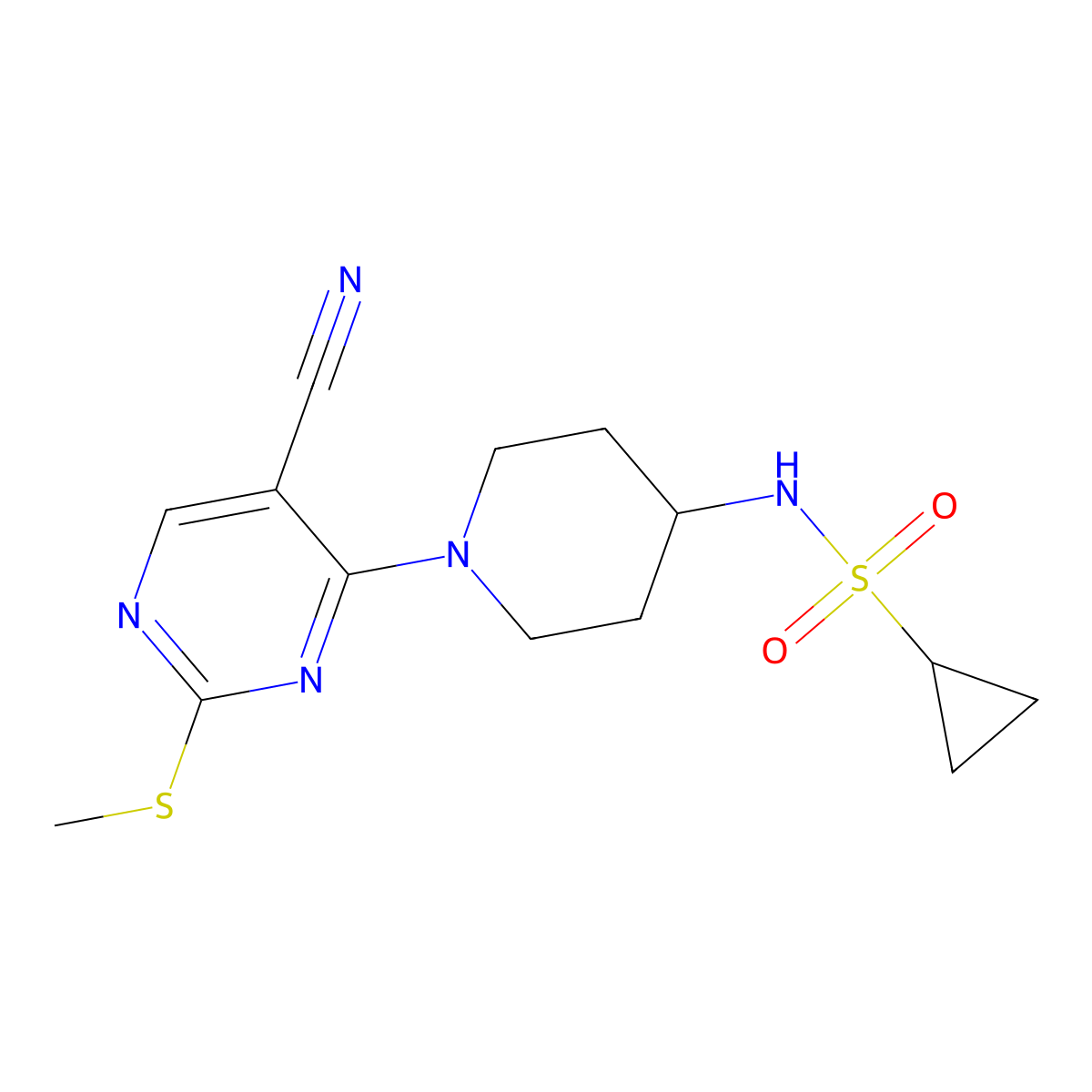 N-{1-[5-cyano-2-(methylsulfanyl)pyrimidin-4-yl]piperidin-4-yl}cyclopropanesulfonamide molecular structure, CAS 2549015-13-4