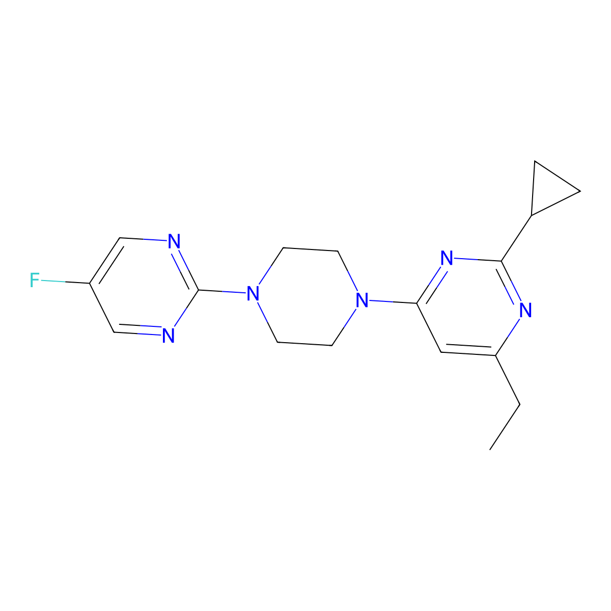 2-Cyclopropyl-4-ethyl-6-[4-(5-fluoropyrimidin-2-yl)piperazin-1-yl]pyrimidine molecular structure, CAS 2549015-19-0