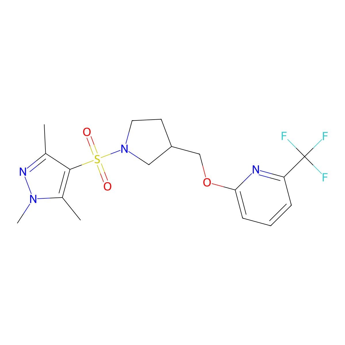 2-(trifluoromethyl)-6-({1-[(1,3,5-trimethyl-1H-pyrazol-4-yl)sulfonyl]pyrrolidin-3-yl}methoxy)pyridine molecular structure, CAS 2549015-21-4