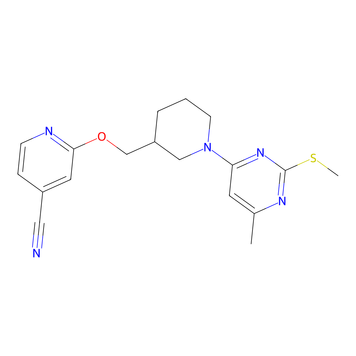 2-({1-[6-Methyl-2-(methylsulfanyl)pyrimidin-4-yl]piperidin-3-yl}methoxy)pyridine-4-carbonitrile molecular structure, CAS 2549015-22-5