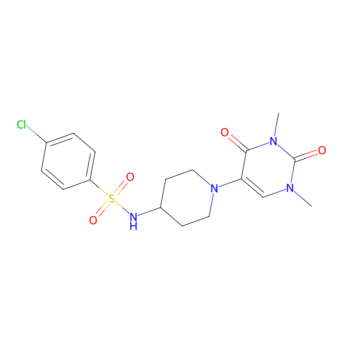 4-chloro-N-[1-(1,3-dimethyl-2,4-dioxo-1,2,3,4-tetrahydropyrimidin-5-yl)piperidin-4-yl]benzene-1-sulfonamide molecular structure, CAS 2549015-24-7