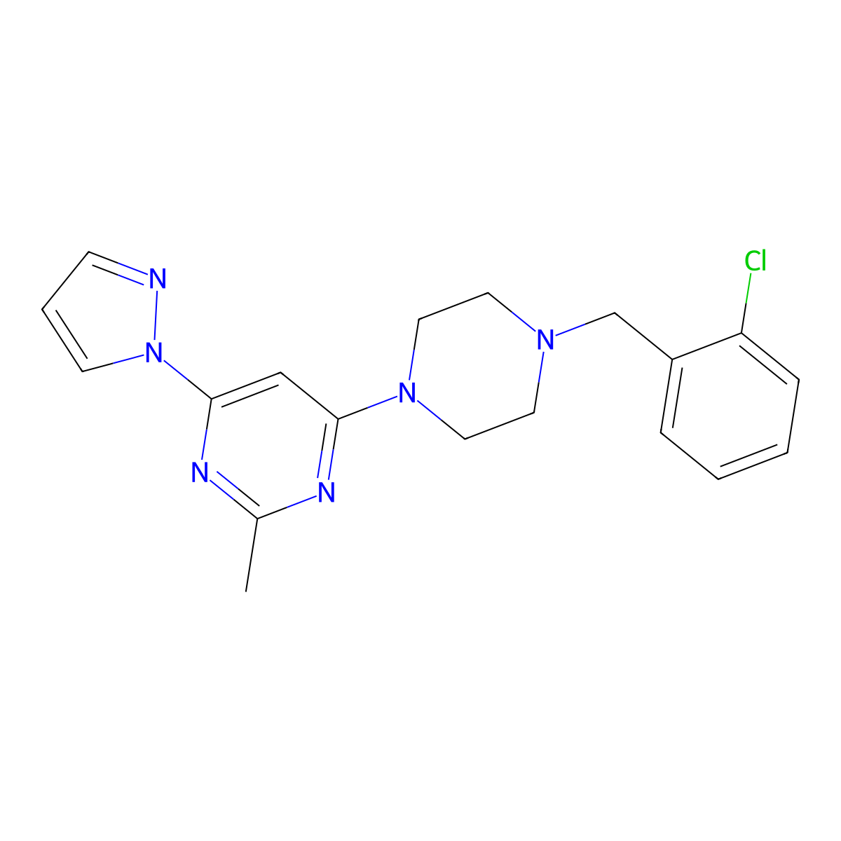 4-{4-[(2-chlorophenyl)methyl]piperazin-1-yl}-2-methyl-6-(1H-pyrazol-1-yl)pyrimidine molecular structure, CAS 2549015-25-8