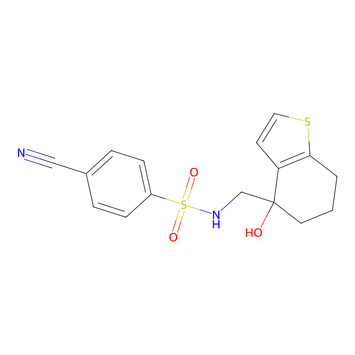 4-cyano-N-[(4-hydroxy-4,5,6,7-tetrahydro-1-benzothiophen-4-yl)methyl]benzene-1-sulfonamide molecular structure, CAS 2549015-30-5