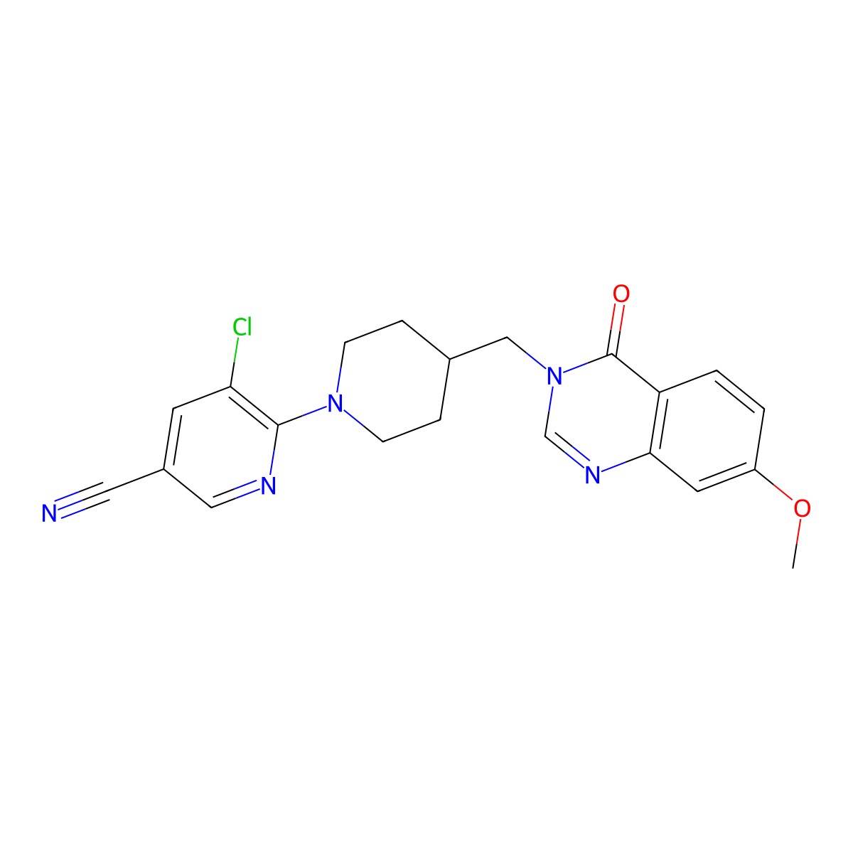 5-Chloro-6-{4-[(7-methoxy-4-oxo-3,4-dihydroquinazolin-3-yl)methyl]piperidin-1-yl}pyridine-3-carbonitrile molecular structure, CAS 2549015-31-6