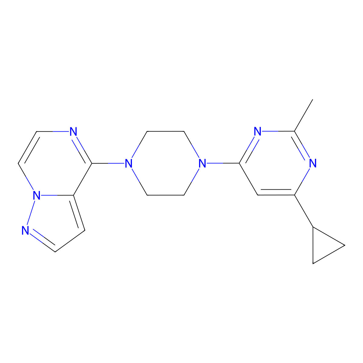 4-Cyclopropyl-2-methyl-6-(4-{pyrazolo[1,5-a]pyrazin-4-yl}piperazin-1-yl)pyrimidine molecular structure, CAS 2549015-34-9