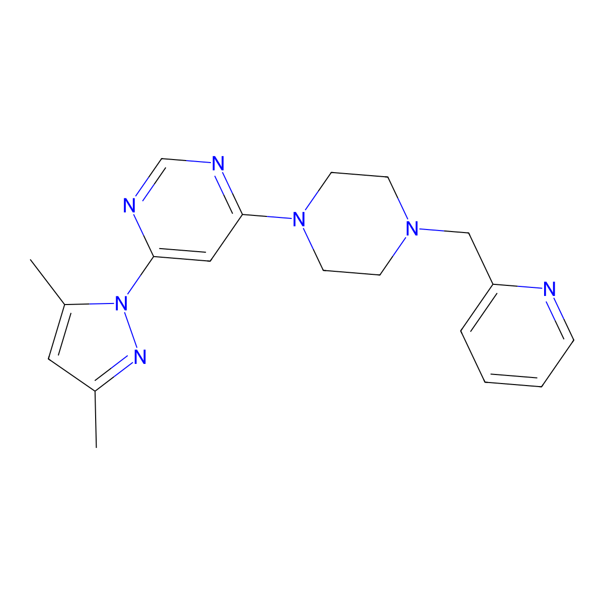 4-(3,5-dimethyl-1H-pyrazol-1-yl)-6-{4-[(pyridin-2-yl)methyl]piperazin-1-yl}pyrimidine molecular structure, CAS 2549015-36-1