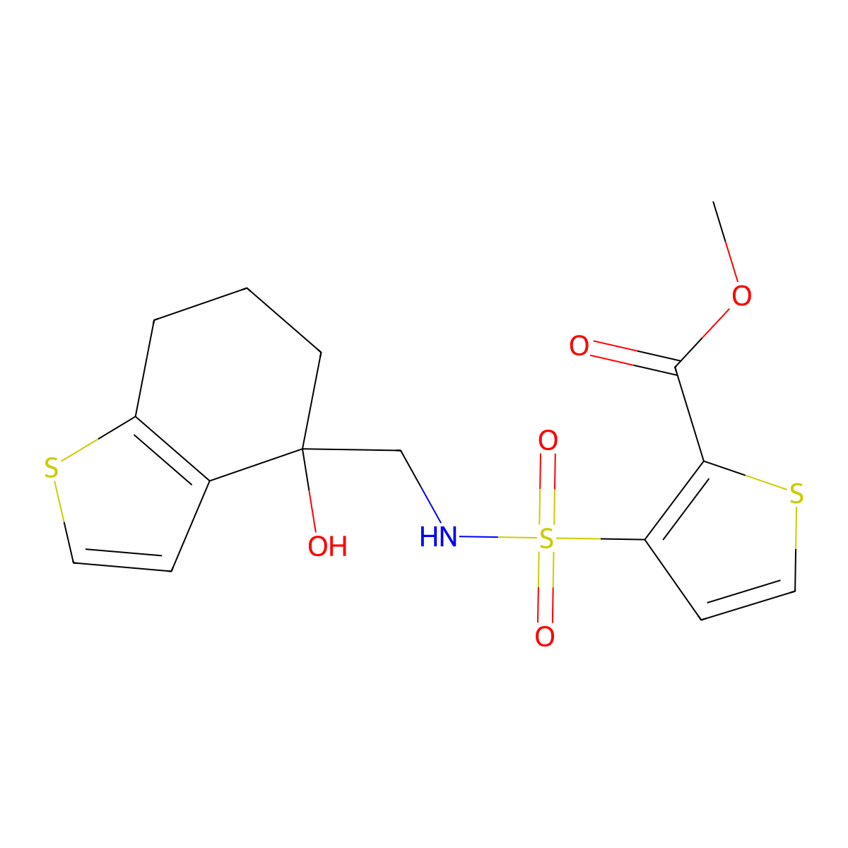 Methyl 3-{[(4-hydroxy-4,5,6,7-tetrahydro-1-benzothiophen-4-yl)methyl]sulfamoyl}thiophene-2-carboxylate molecular structure, CAS 2549015-37-2