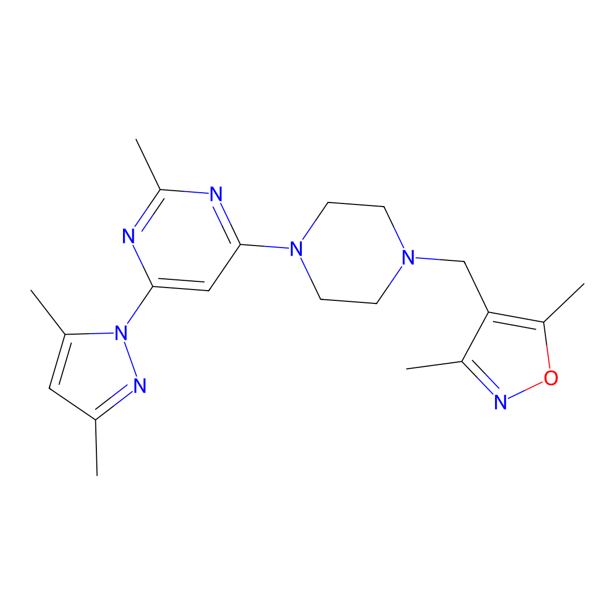 4-{4-[(3,5-dimethyl-1,2-oxazol-4-yl)methyl]piperazin-1-yl}-6-(3,5-dimethyl-1H-pyrazol-1-yl)-2-methylpyrimidine molecular structure, CAS 2549015-45-2