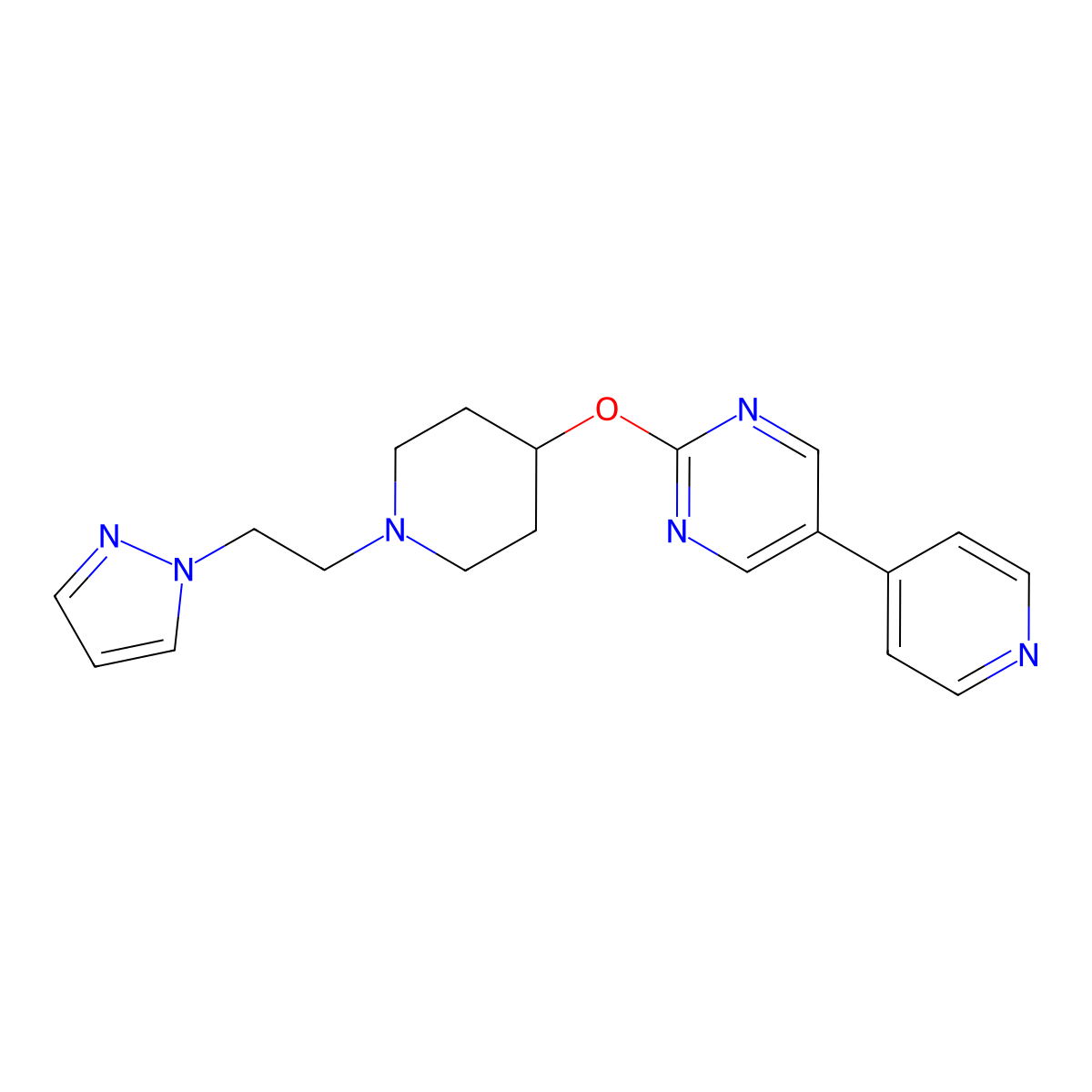2-({1-[2-(1H-pyrazol-1-yl)ethyl]piperidin-4-yl}oxy)-5-(pyridin-4-yl)pyrimidine molecular structure, CAS 2549015-49-6