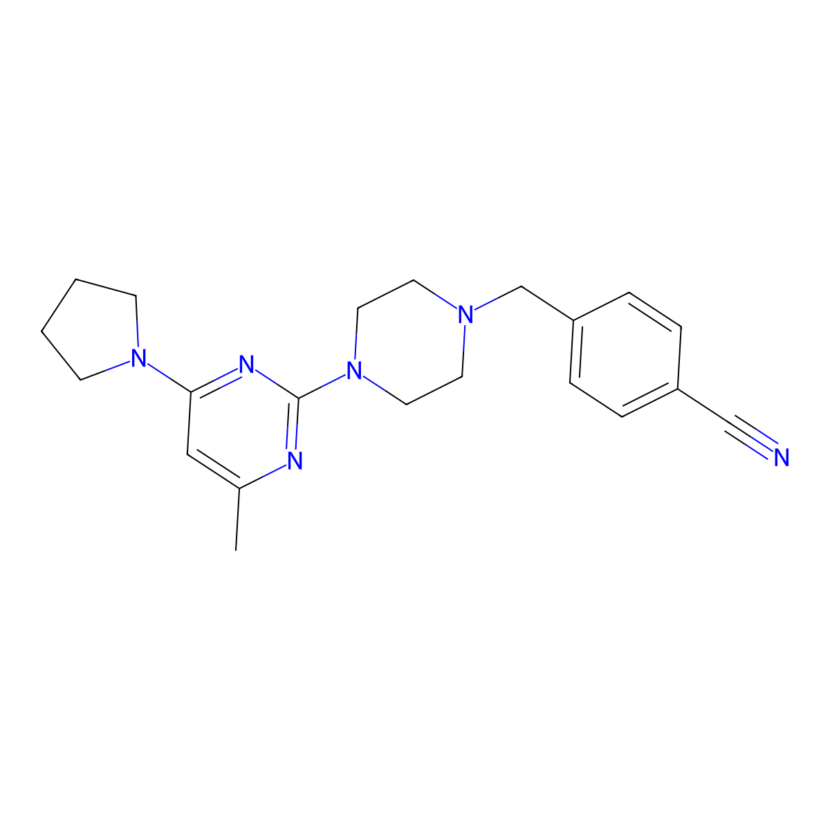 4-({4-[4-Methyl-6-(pyrrolidin-1-yl)pyrimidin-2-yl]piperazin-1-yl}methyl)benzonitrile molecular structure, CAS 2549015-60-1