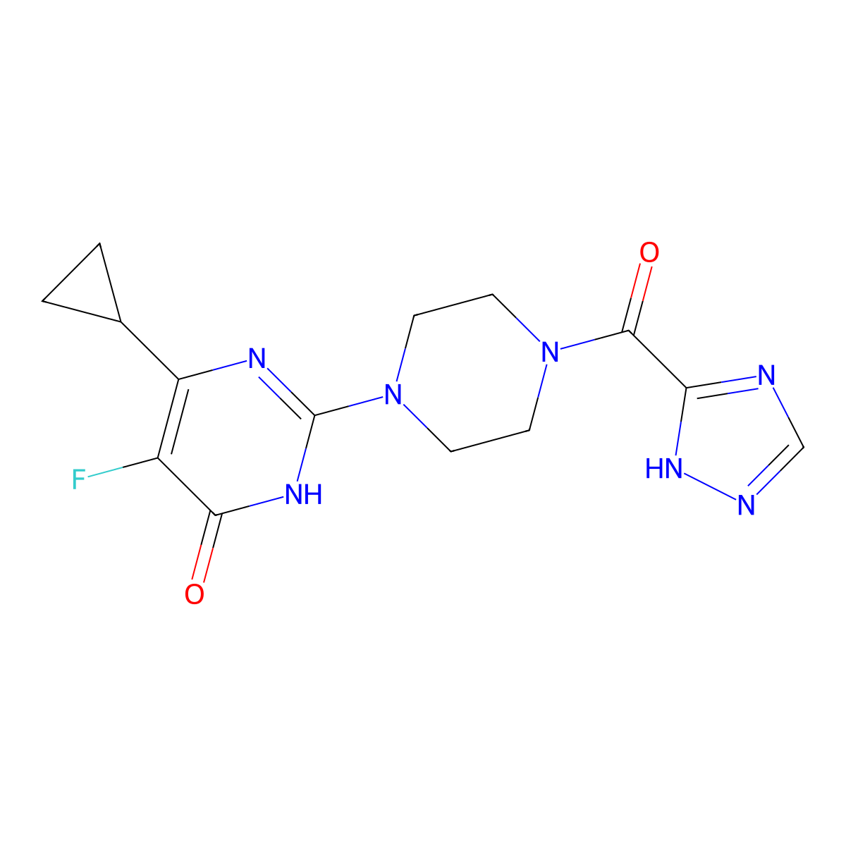 6-cyclopropyl-5-fluoro-2-[4-(1H-1,2,4-triazole-3-carbonyl)piperazin-1-yl]-3,4-dihydropyrimidin-4-one molecular structure, CAS 2549015-62-3