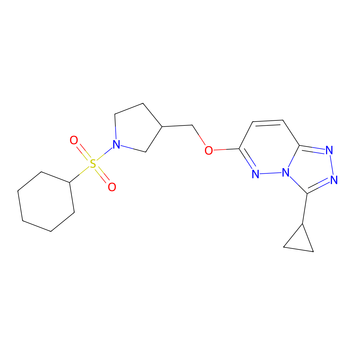 1-(Cyclohexanesulfonyl)-3-[({3-cyclopropyl-[1,2,4]triazolo[4,3-b]pyridazin-6-yl}oxy)methyl]pyrrolidine molecular structure, CAS 2549015-70-3