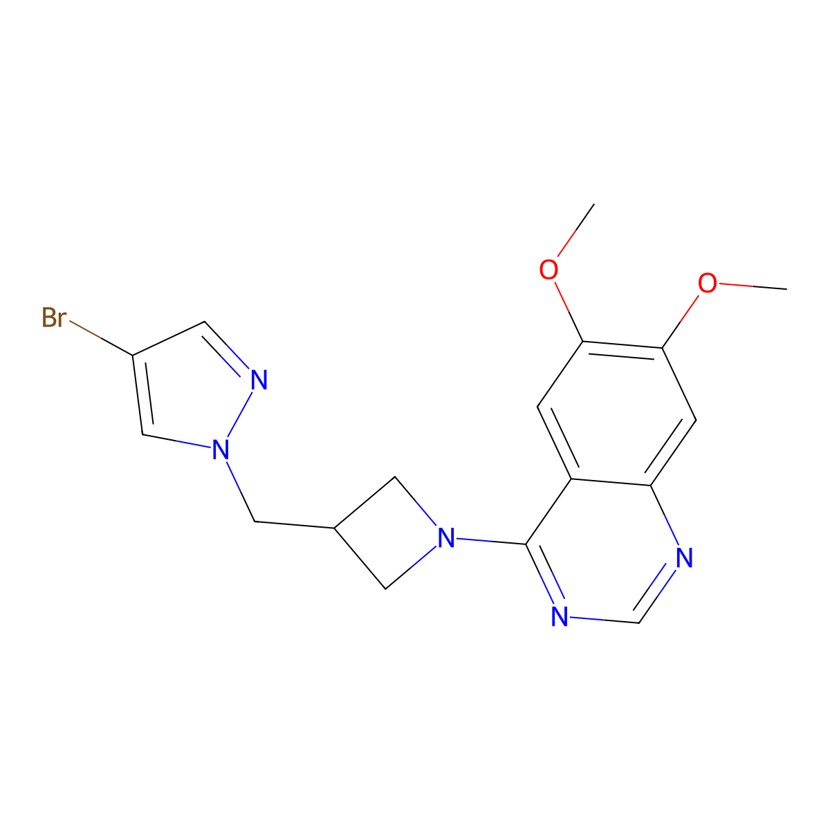 4-{3-[(4-bromo-1H-pyrazol-1-yl)methyl]azetidin-1-yl}-6,7-dimethoxyquinazoline molecular structure, CAS 2549015-71-4