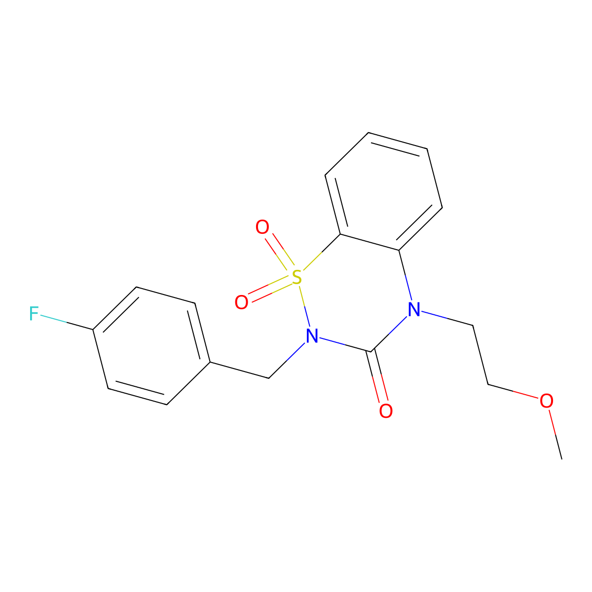 2-[(4-fluorophenyl)methyl]-4-(2-methoxyethyl)-3,4-dihydro-2H-1lambda6,2,4-benzothiadiazine-1,1,3-trione molecular structure, CAS 2549015-74-7