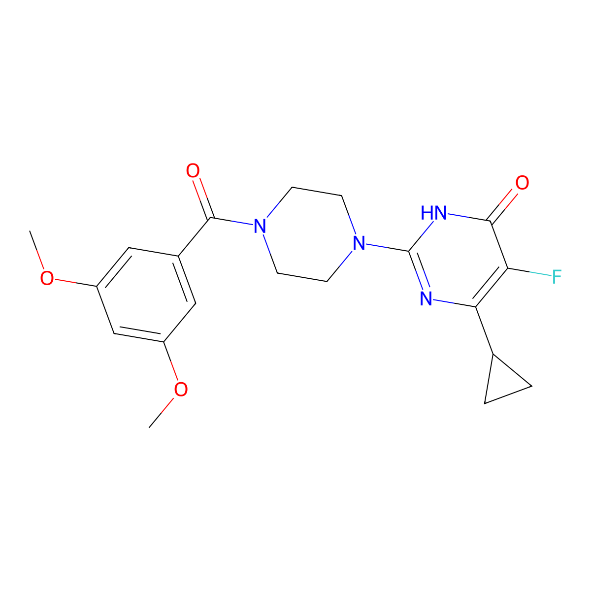 6-Cyclopropyl-2-[4-(3,5-dimethoxybenzoyl)piperazin-1-yl]-5-fluoro-3,4-dihydropyrimidin-4-one molecular structure, CAS 2549015-81-6