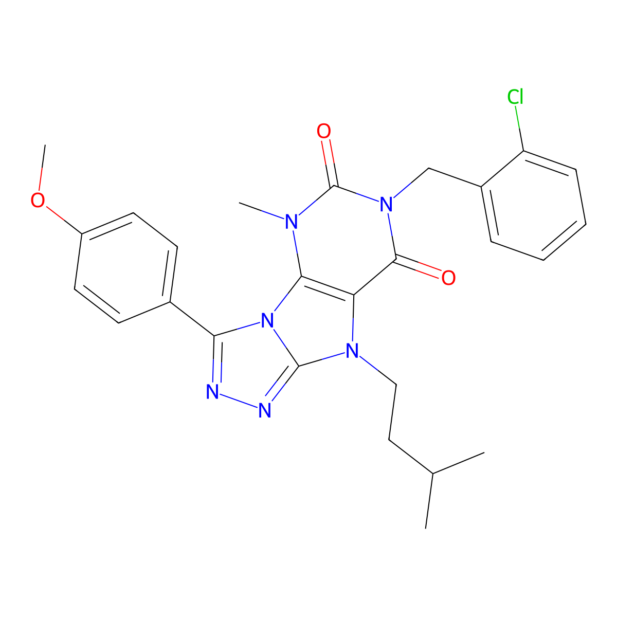 7-[(2-chlorophenyl)methyl]-3-(4-methoxyphenyl)-5-methyl-9-(3-methylbutyl)-5H,6H,7H,8H,9H-[1,2,4]triazolo[3,4-h]purine-6,8-dione molecular structure, CAS 2549015-84-9