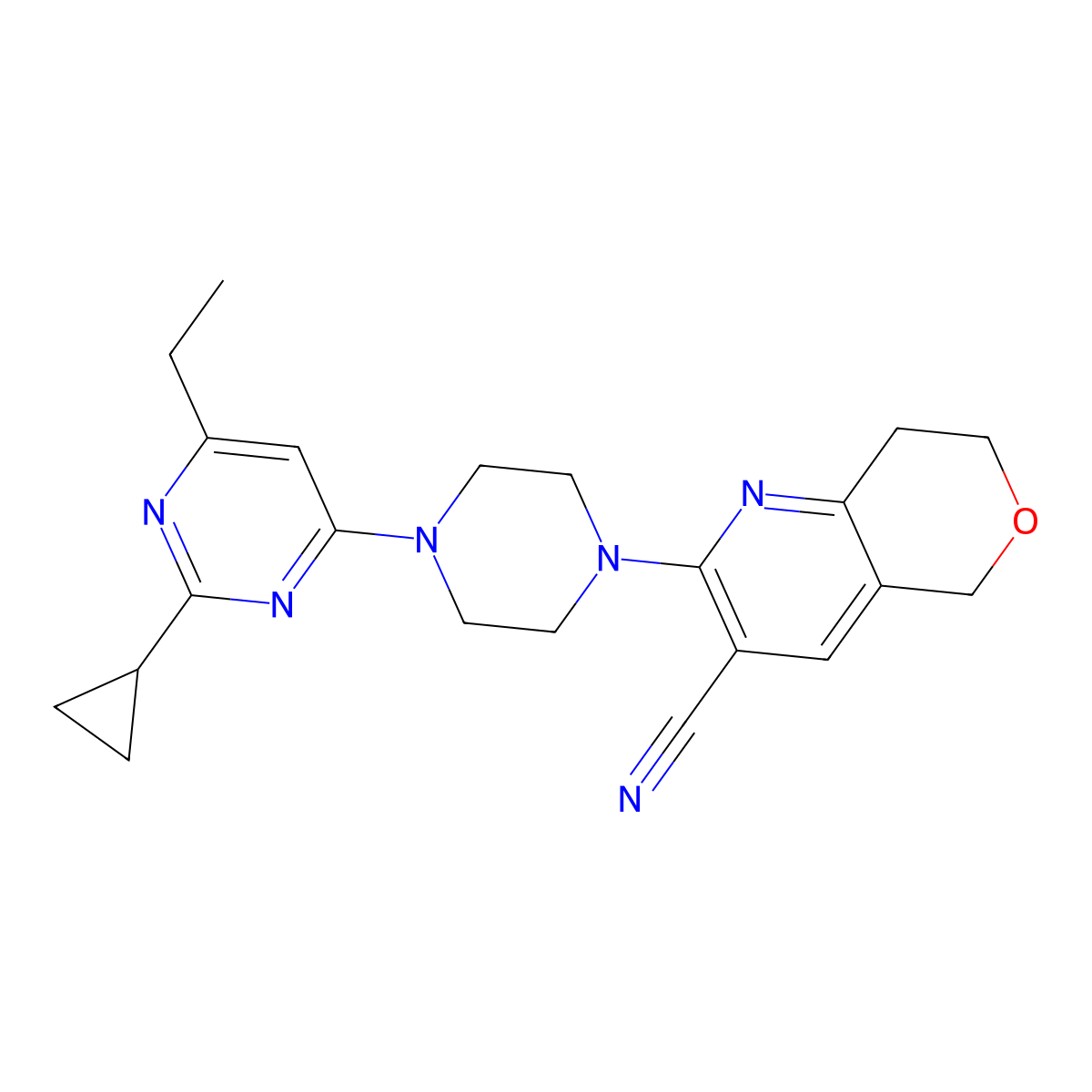2-[4-(2-cyclopropyl-6-ethylpyrimidin-4-yl)piperazin-1-yl]-5H,7H,8H-pyrano[4,3-b]pyridine-3-carbonitrile molecular structure, CAS 2549015-92-9