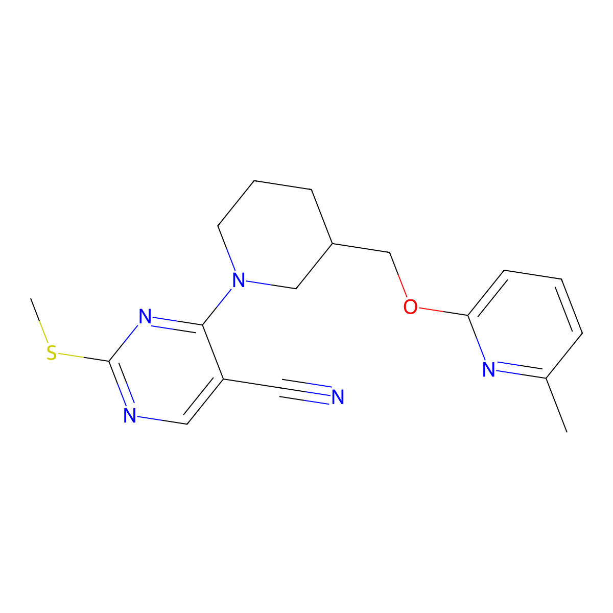 4-(3-{[(6-Methylpyridin-2-yl)oxy]methyl}piperidin-1-yl)-2-(methylsulfanyl)pyrimidine-5-carbonitrile molecular structure, CAS 2549016-09-1