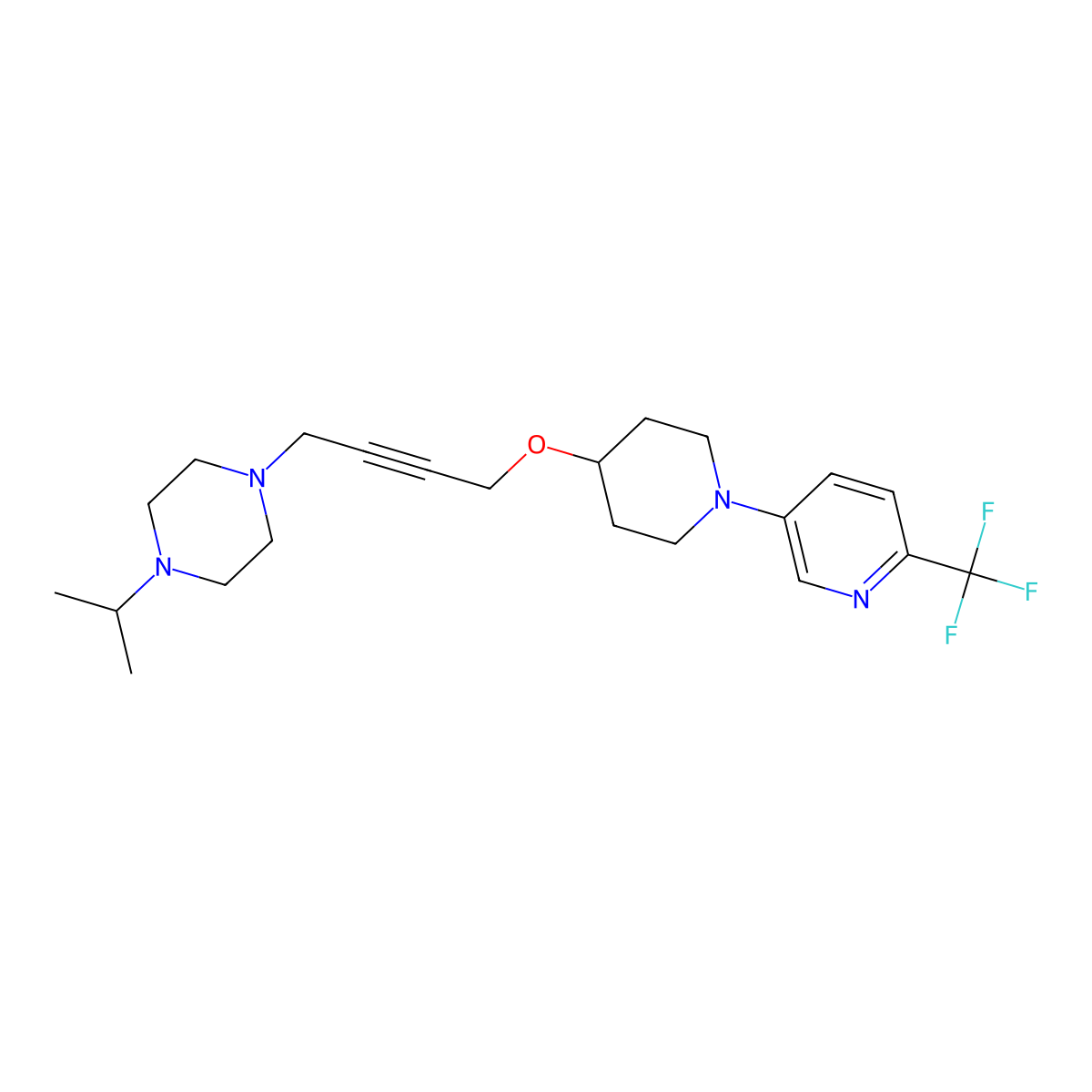 1-(Propan-2-yl)-4-[4-({1-[6-(trifluoromethyl)pyridin-3-yl]piperidin-4-yl}oxy)but-2-yn-1-yl]piperazine molecular structure, CAS 2549016-20-6