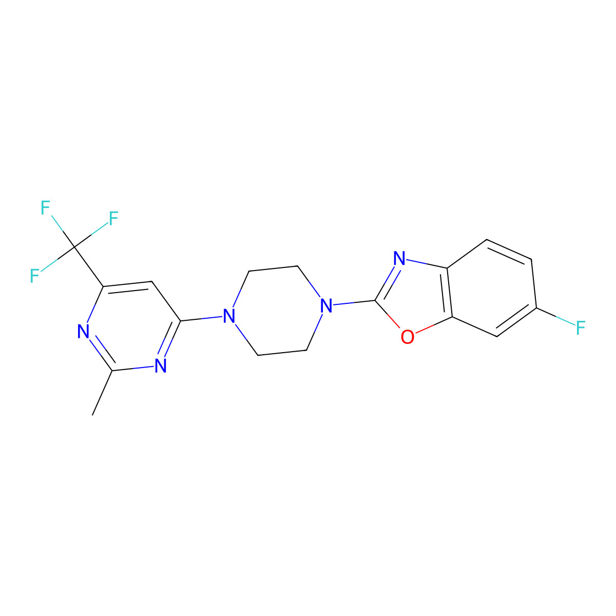 6-Fluoro-2-{4-[2-methyl-6-(trifluoromethyl)pyrimidin-4-yl]piperazin-1-yl}-1,3-benzoxazole molecular structure, CAS 2549016-30-8