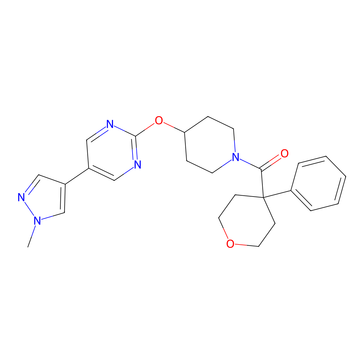 5-(1-methyl-1H-pyrazol-4-yl)-2-{[1-(4-phenyloxane-4-carbonyl)piperidin-4-yl]oxy}pyrimidine molecular structure, CAS 2549016-34-2