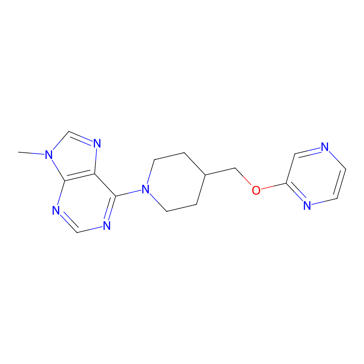 9-methyl-6-{4-[(pyrazin-2-yloxy)methyl]piperidin-1-yl}-9H-purine molecular structure, CAS 2549016-35-3