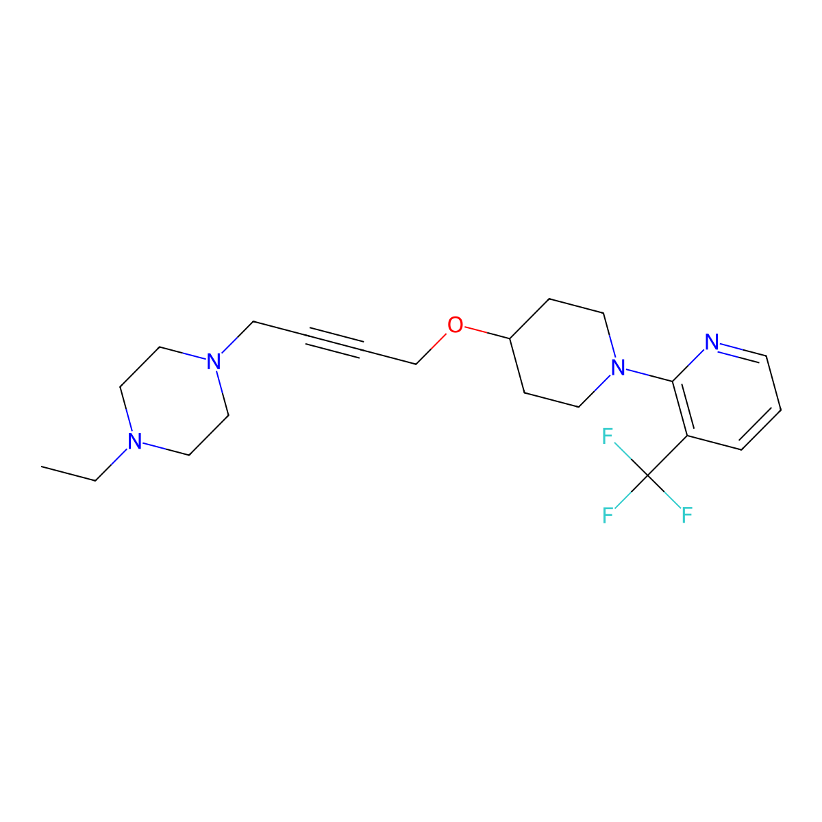 1-Ethyl-4-[4-({1-[3-(trifluoromethyl)pyridin-2-yl]piperidin-4-yl}oxy)but-2-yn-1-yl]piperazine molecular structure, CAS 2549016-41-1