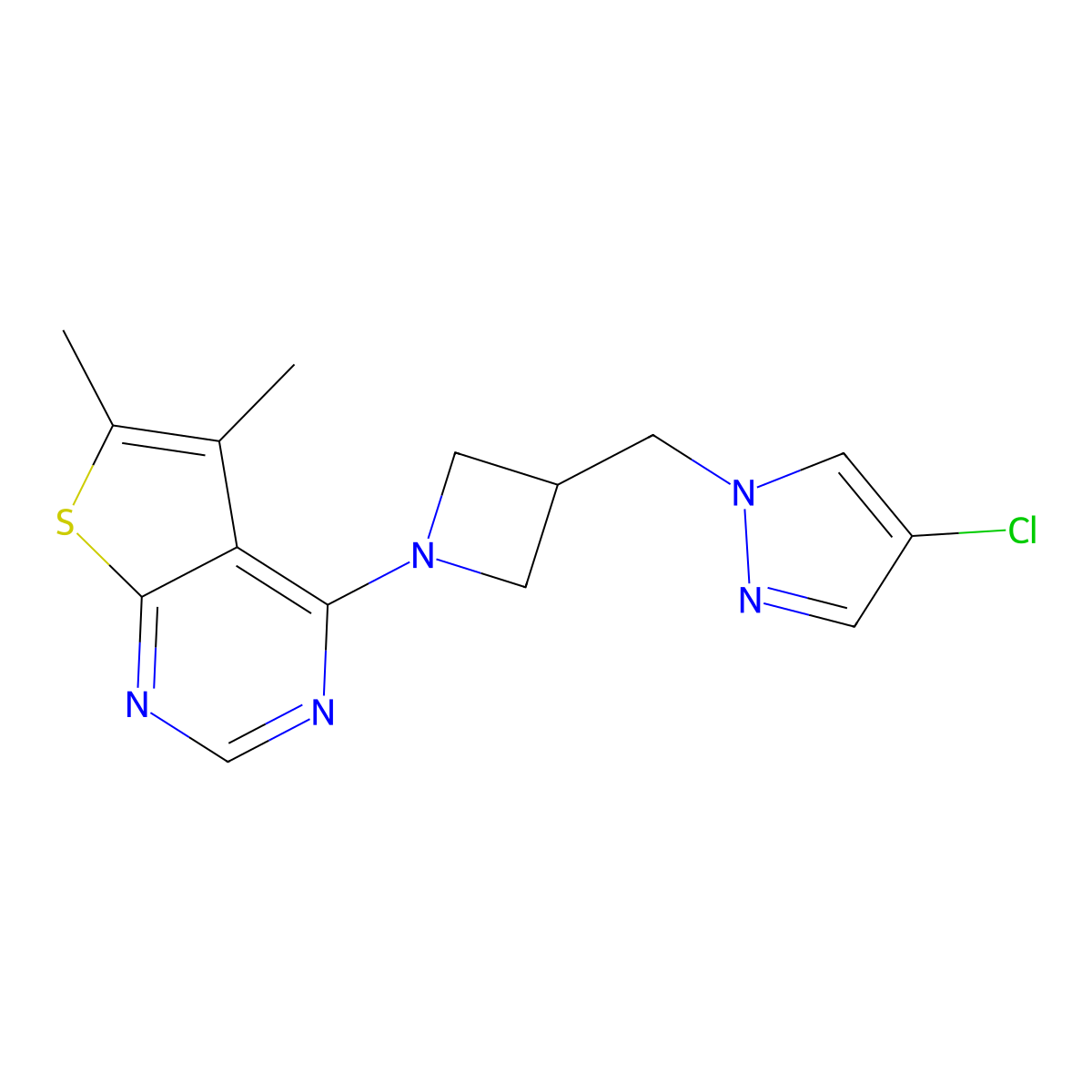 4-chloro-1-[(1-{5,6-dimethylthieno[2,3-d]pyrimidin-4-yl}azetidin-3-yl)methyl]-1H-pyrazole molecular structure, CAS 2549016-43-3