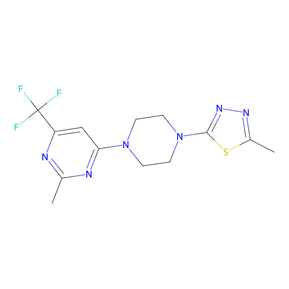 2-Methyl-4-[4-(5-methyl-1,3,4-thiadiazol-2-yl)piperazin-1-yl]-6-(trifluoromethyl)pyrimidine molecular structure, CAS 2549016-49-9
