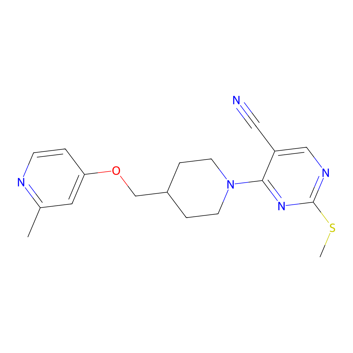 4-(4-{[(2-Methylpyridin-4-yl)oxy]methyl}piperidin-1-yl)-2-(methylsulfanyl)pyrimidine-5-carbonitrile molecular structure, CAS 2549016-50-2