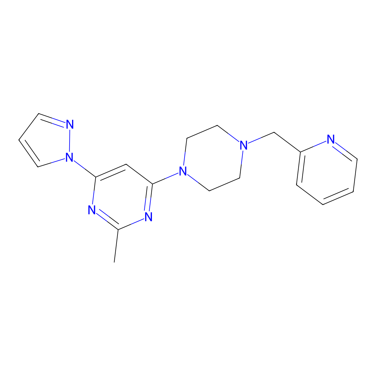 2-methyl-4-(1H-pyrazol-1-yl)-6-{4-[(pyridin-2-yl)methyl]piperazin-1-yl}pyrimidine molecular structure, CAS 2549016-59-1