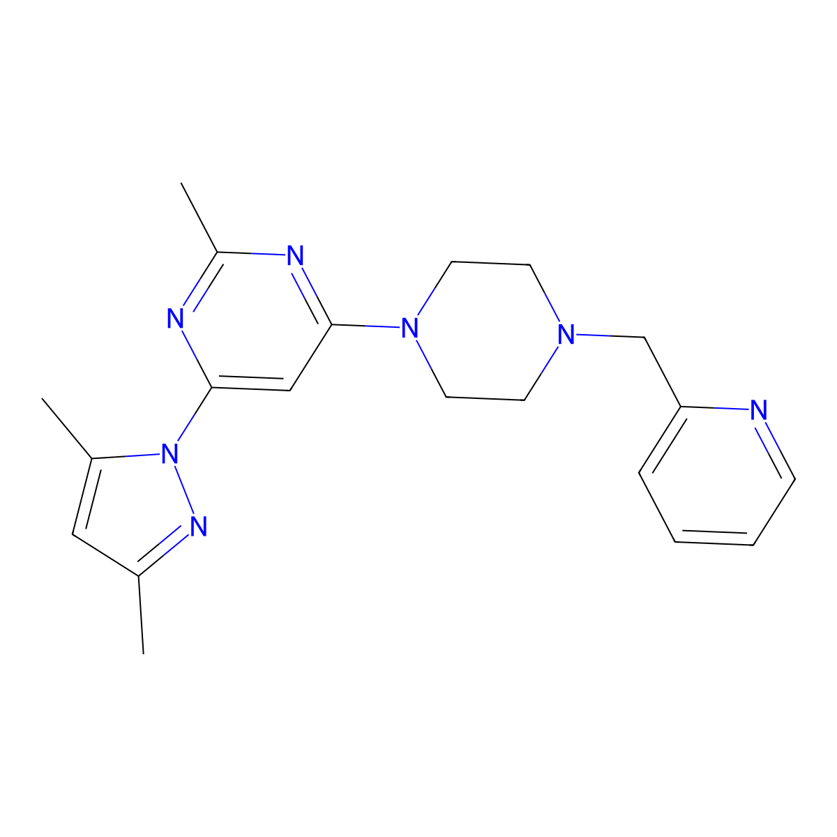 4-(3,5-dimethyl-1H-pyrazol-1-yl)-2-methyl-6-{4-[(pyridin-2-yl)methyl]piperazin-1-yl}pyrimidine molecular structure, CAS 2549016-60-4