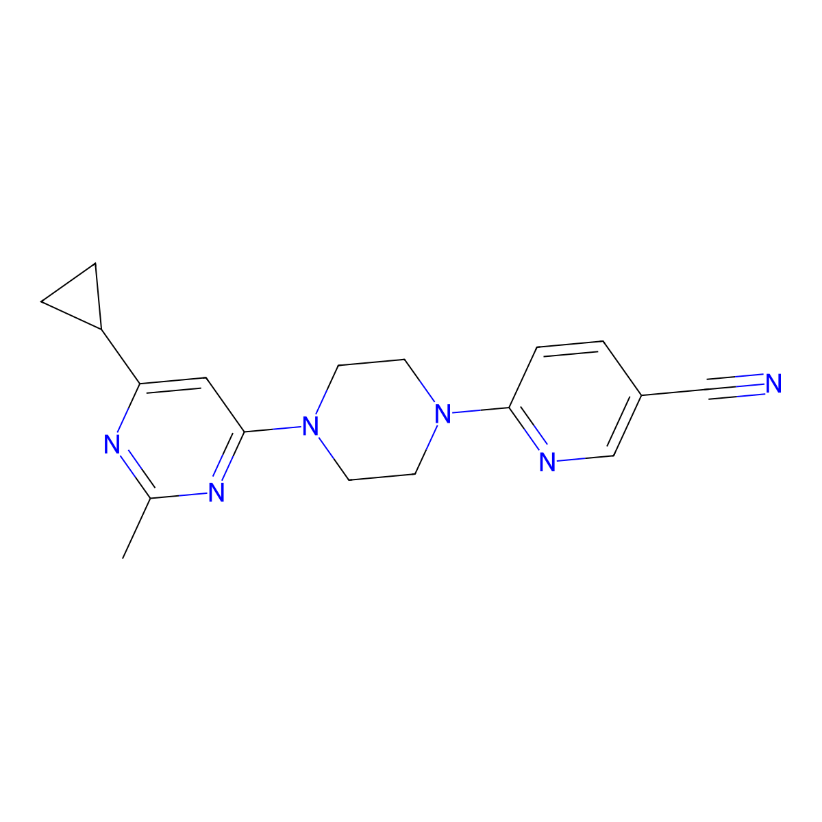 6-[4-(6-Cyclopropyl-2-methylpyrimidin-4-yl)piperazin-1-yl]pyridine-3-carbonitrile molecular structure, CAS 2549016-67-1