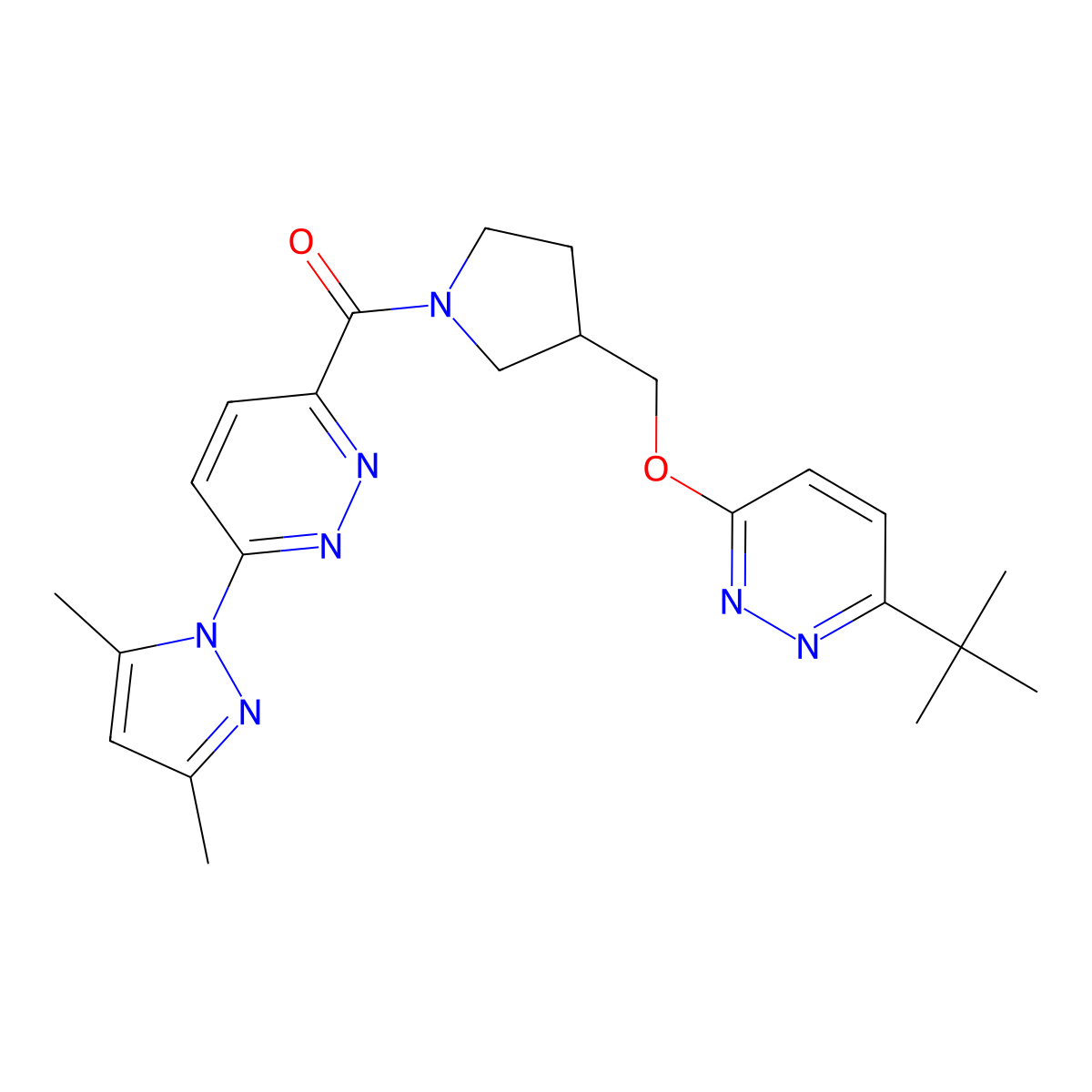 3-(3-{[(6-tert-butylpyridazin-3-yl)oxy]methyl}pyrrolidine-1-carbonyl)-6-(3,5-dimethyl-1H-pyrazol-1-yl)pyridazine molecular structure, CAS 2549016-68-2