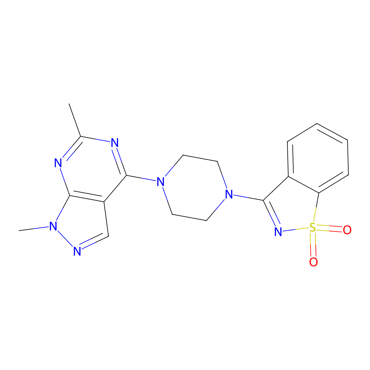 3-(4-{1,6-dimethyl-1H-pyrazolo[3,4-d]pyrimidin-4-yl}piperazin-1-yl)-1lambda6,2-benzothiazole-1,1-dione molecular structure, CAS 2549016-79-5