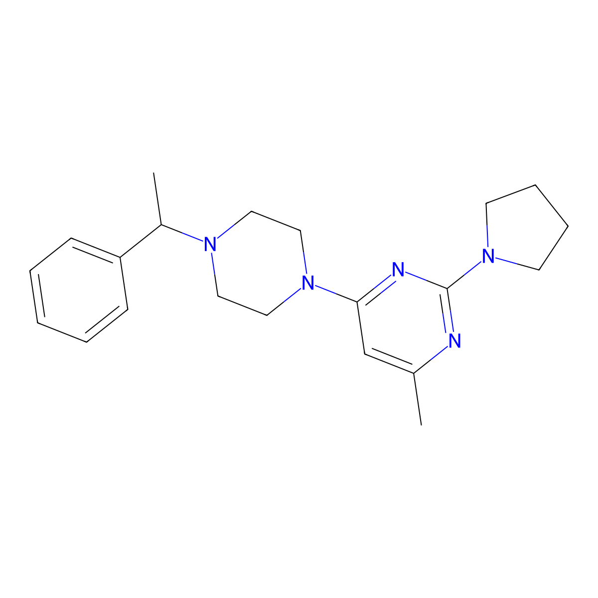 4-Methyl-6-[4-(1-phenylethyl)piperazin-1-yl]-2-(pyrrolidin-1-yl)pyrimidine molecular structure, CAS 2549016-98-8