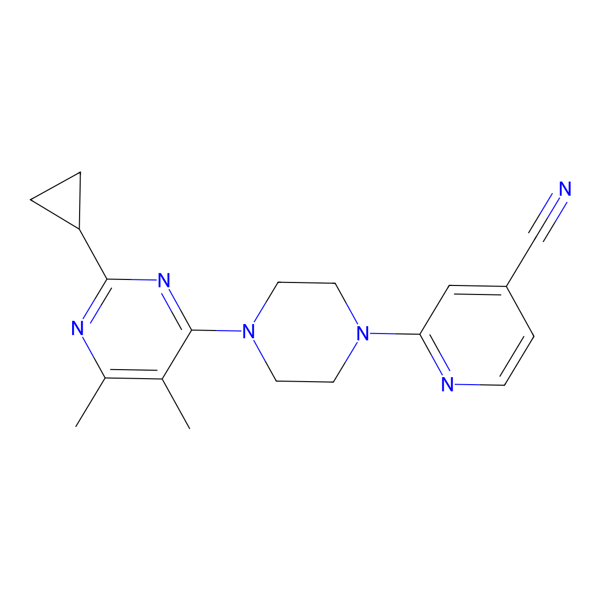 2-[4-(2-Cyclopropyl-5,6-dimethylpyrimidin-4-yl)piperazin-1-yl]pyridine-4-carbonitrile molecular structure, CAS 2549017-02-7
