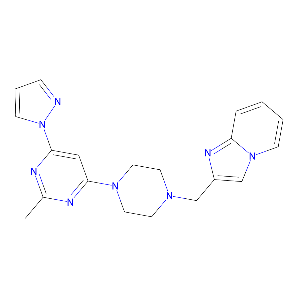4-[4-({imidazo[1,2-a]pyridin-2-yl}methyl)piperazin-1-yl]-2-methyl-6-(1H-pyrazol-1-yl)pyrimidine molecular structure, CAS 2549017-04-9