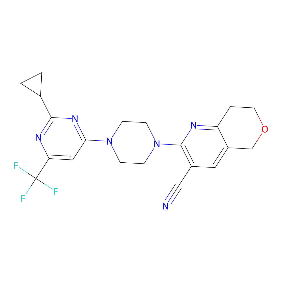 2-{4-[2-cyclopropyl-6-(trifluoromethyl)pyrimidin-4-yl]piperazin-1-yl}-5H,7H,8H-pyrano[4,3-b]pyridine-3-carbonitrile molecular structure, CAS 2549017-14-1