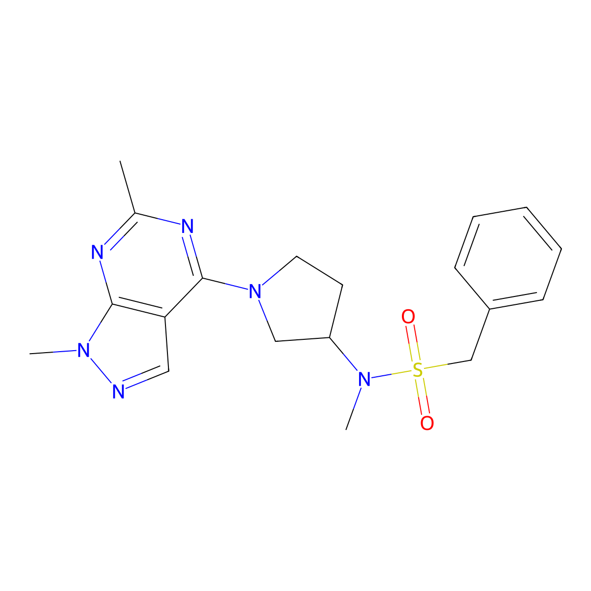 N-(1-{1,6-dimethyl-1H-pyrazolo[3,4-d]pyrimidin-4-yl}pyrrolidin-3-yl)-N-methyl-1-phenylmethanesulfonamide molecular structure, CAS 2549017-16-3