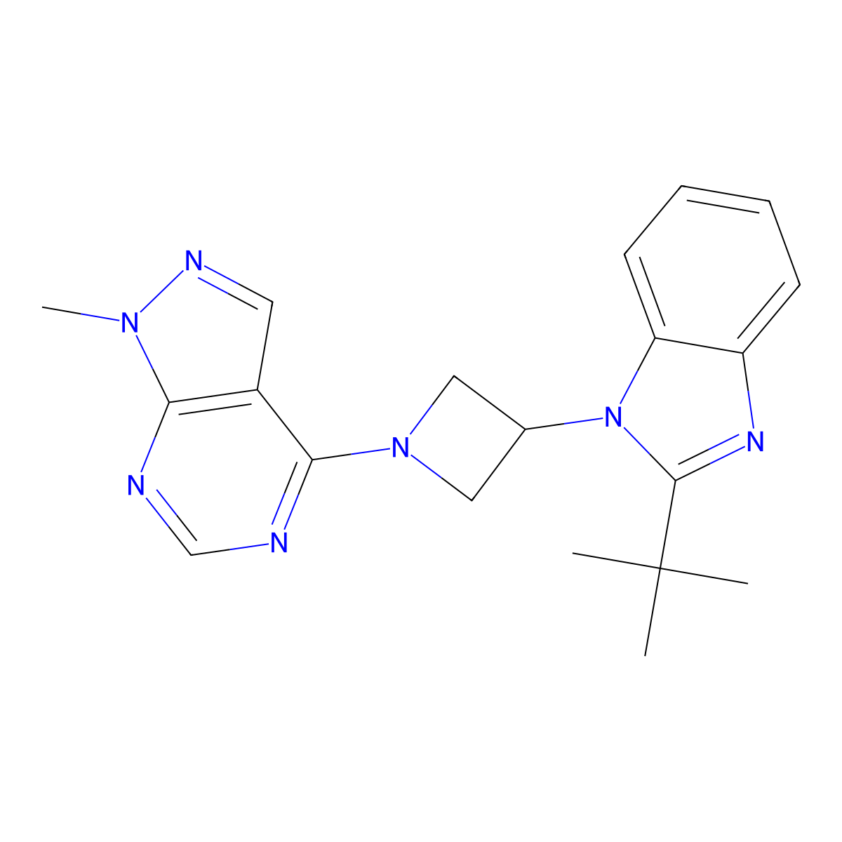 2-tert-butyl-1-(1-{1-methyl-1H-pyrazolo[3,4-d]pyrimidin-4-yl}azetidin-3-yl)-1H-1,3-benzodiazole molecular structure, CAS 2549017-19-6
