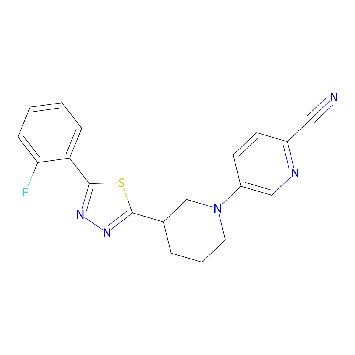 5-{3-[5-(2-Fluorophenyl)-1,3,4-thiadiazol-2-yl]piperidin-1-yl}pyridine-2-carbonitrile molecular structure, CAS 2549017-28-7