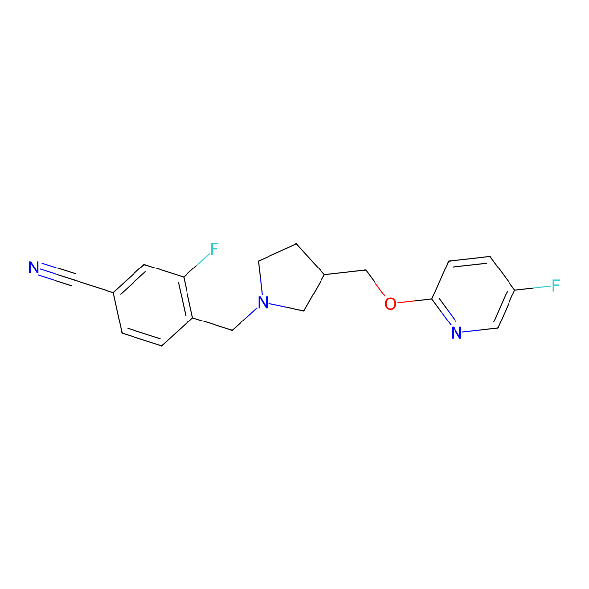 3-Fluoro-4-[(3-{[(5-fluoropyridin-2-yl)oxy]methyl}pyrrolidin-1-yl)methyl]benzonitrile molecular structure, CAS 2549017-34-5